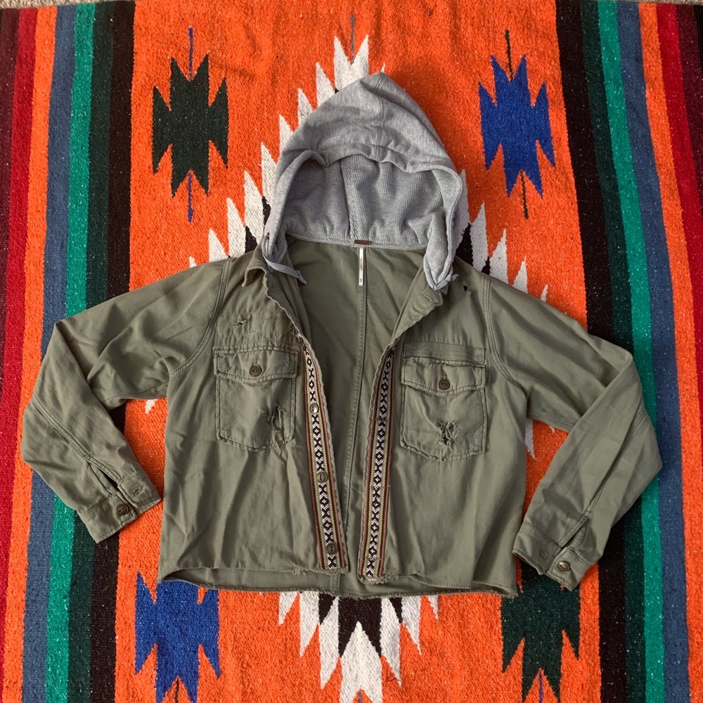 Free People Light Weight Distressed Hooded Shacket